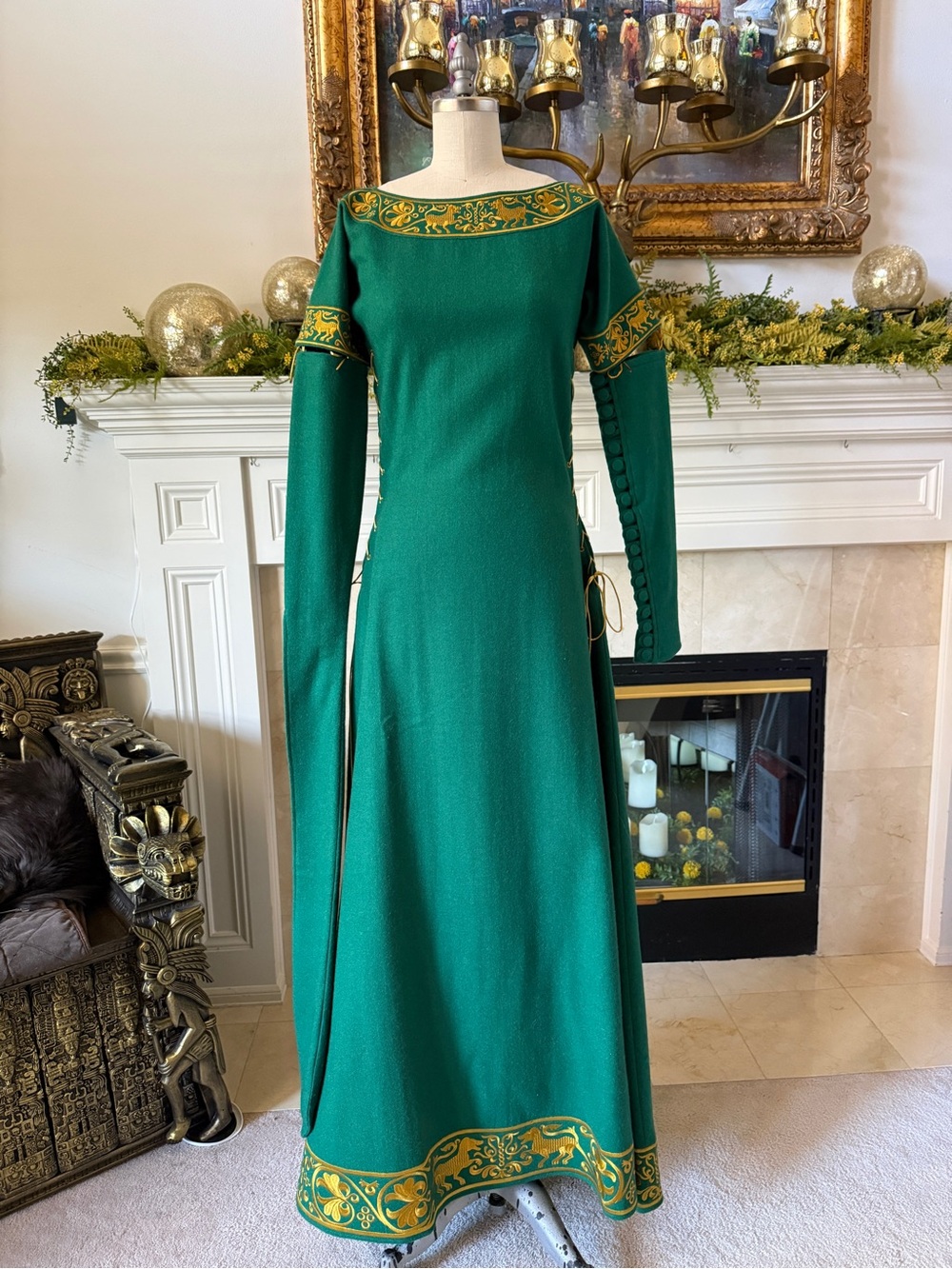New Historical Costume Green Wool Gown w/Gold Embroidery & 3 Sleeve options.